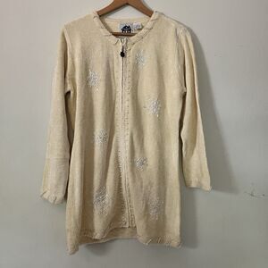 Storybook Knits Full Zip Snowflake Sweater L Cardigan Cream Yellow Beaded